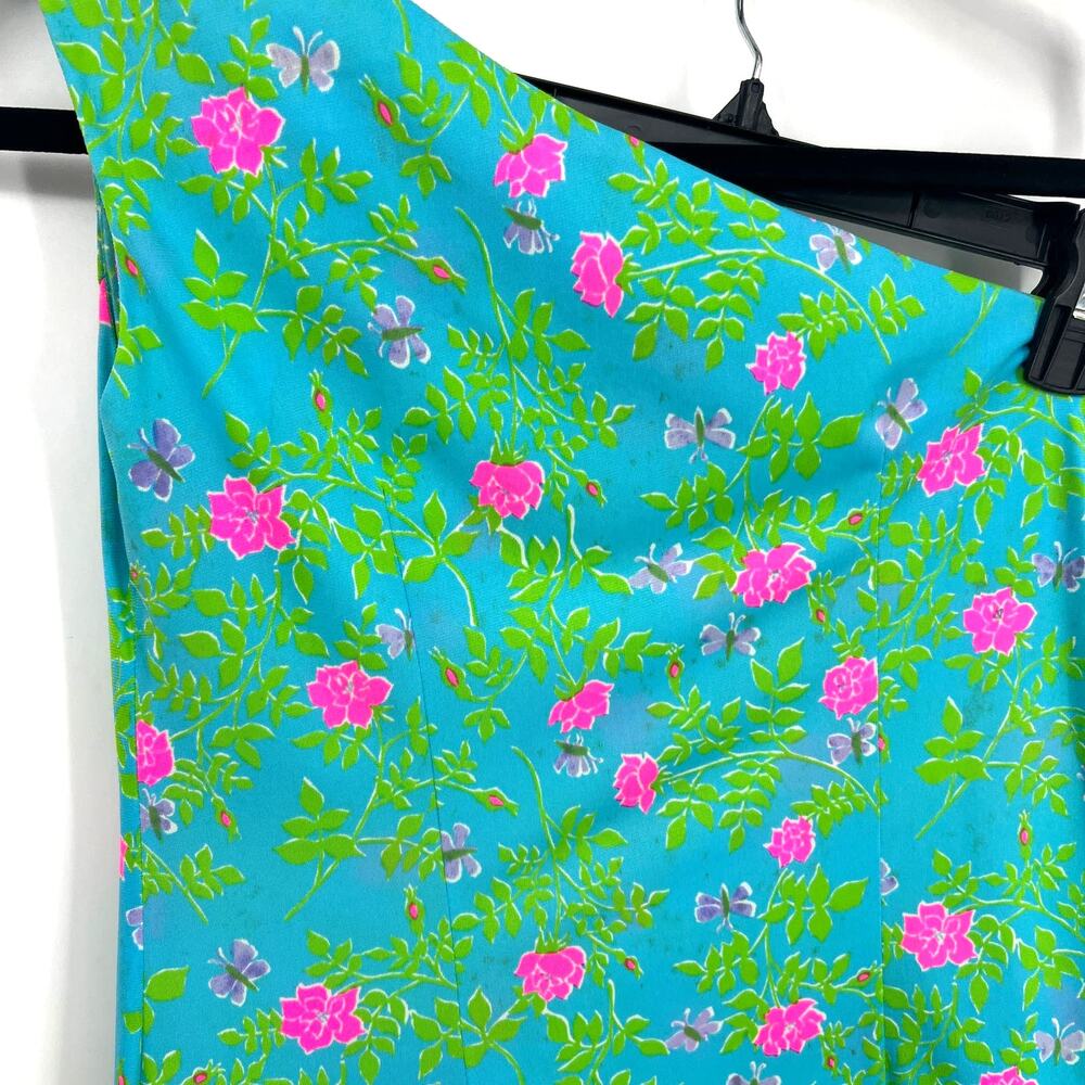 VTG Vanda Key West VIBRANT Blue Green Floral Pink One Shoulder Maxi Dress Size 6 - Picture 12 of 16